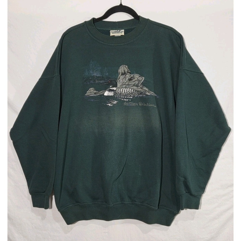 Vintage Northern Reflections Sweatshirt Mens XL Green Loon Nature Graphic USA